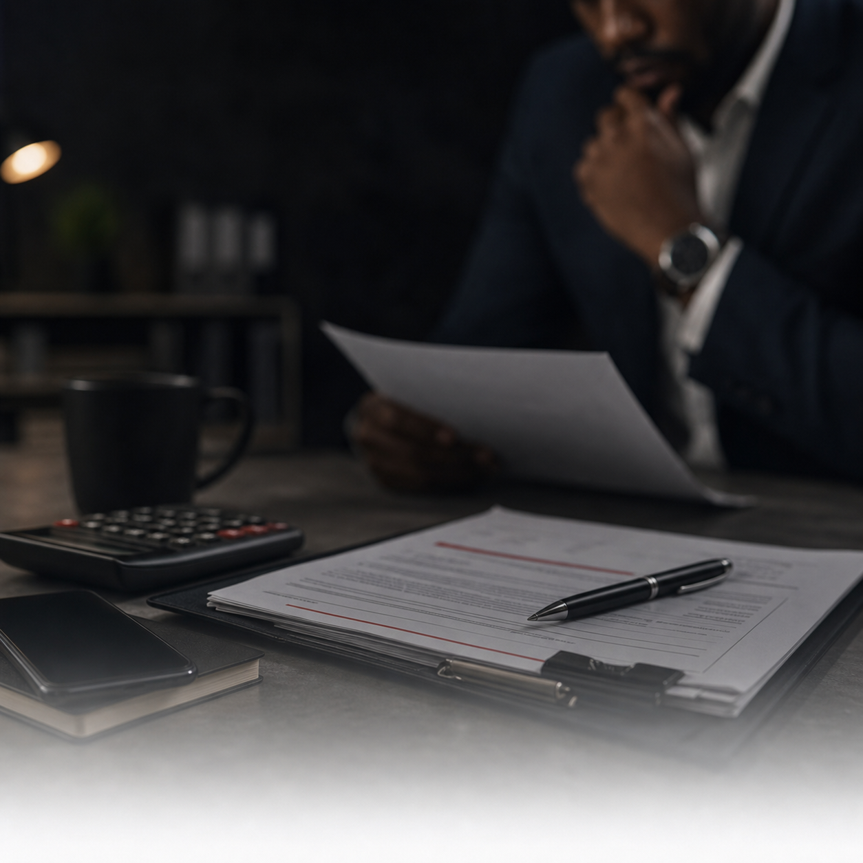 Debt recovery documents on an office desk