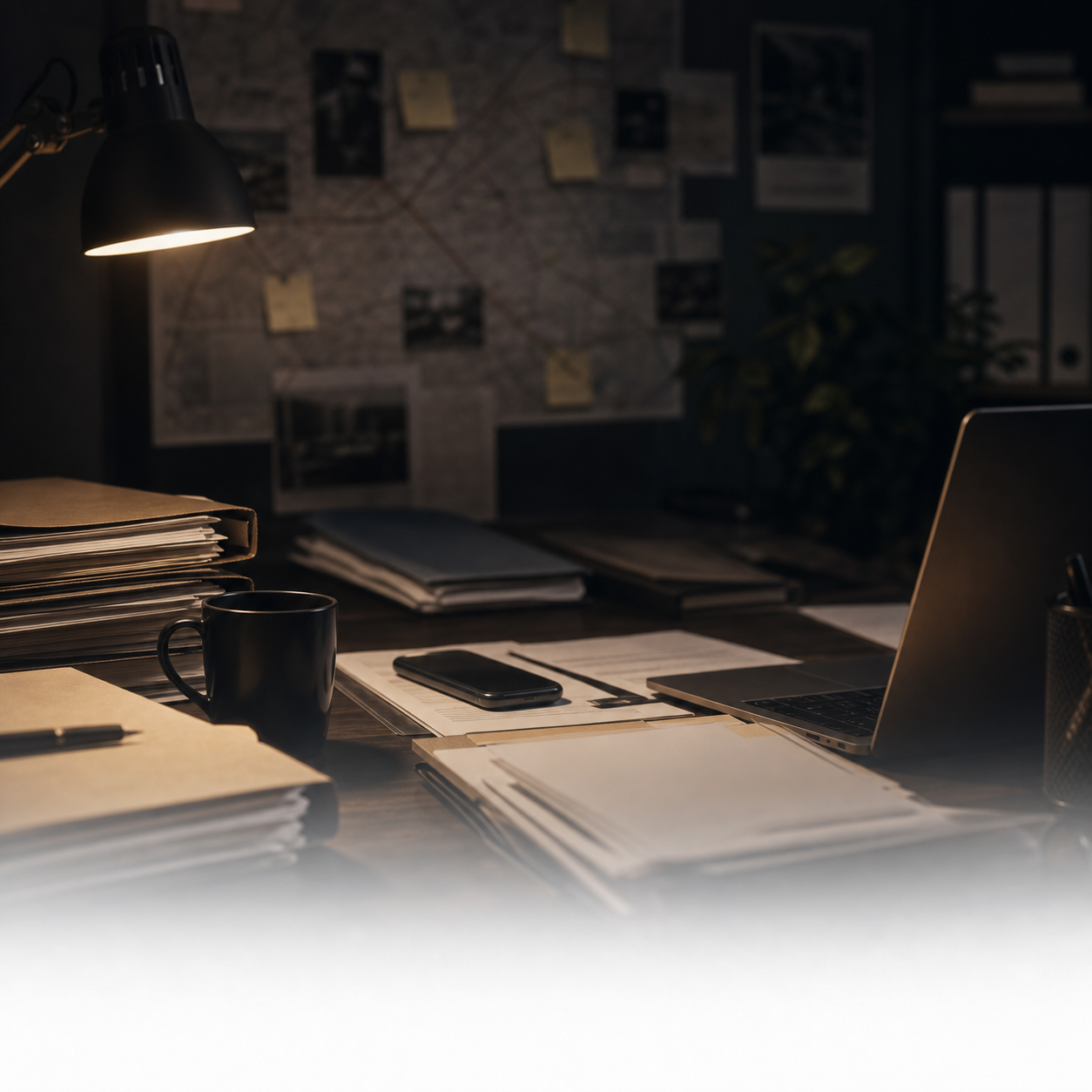 Investigation desk with files and laptop